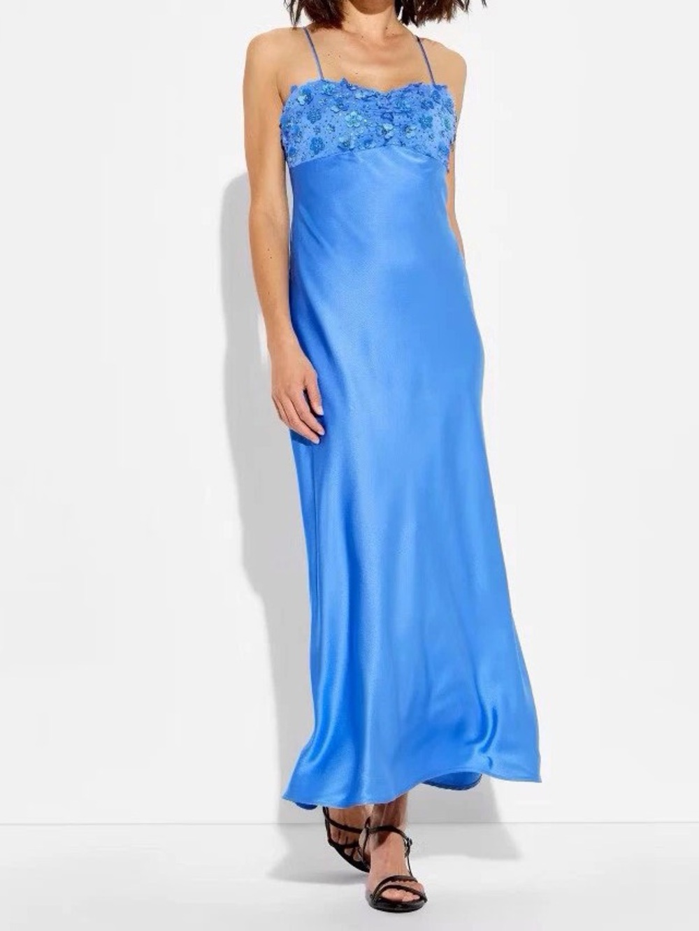 Blue Floral-Embellished Satin Maxi Dress